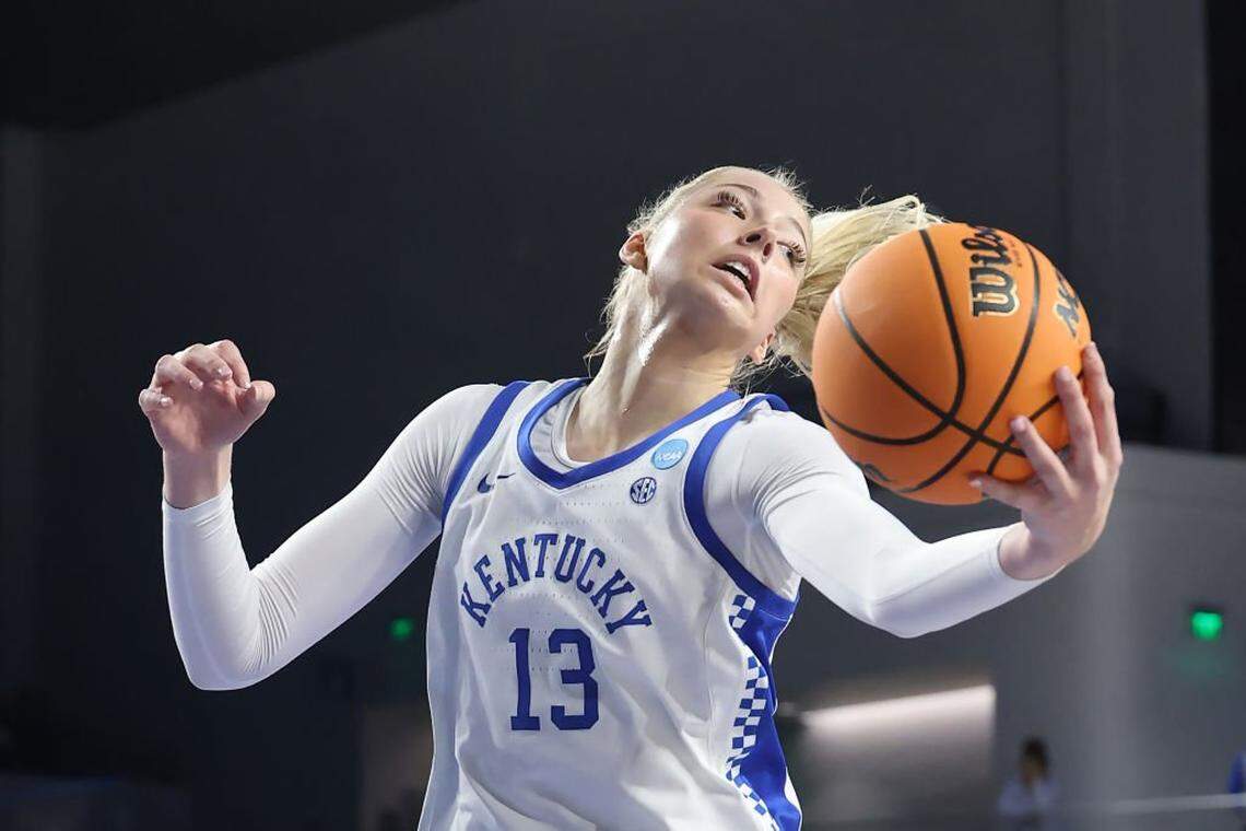 Kentucky center Clara Strack (13) has had a points-rebounds double-double in three of UK’s five postseason games to date.