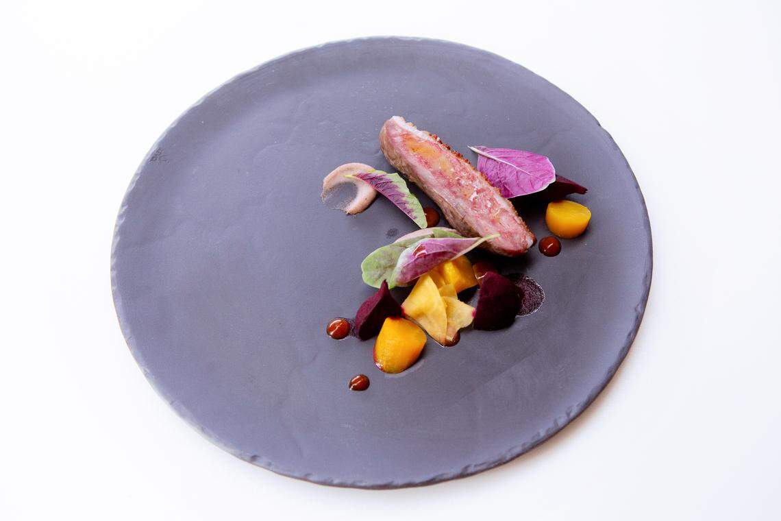 Sara’s third course: Duck, with pickled beet and black-eye peas. The duck was “sexy,” the judges said, and the beet was a wow. But the peas weren’t so great, for once.