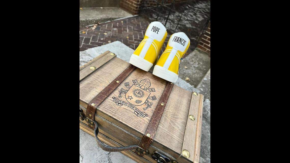True Blue Customs owner Billy Hobbs created a pair of shoes and box for Pope Francis with the help of Father Jim Sichko.
