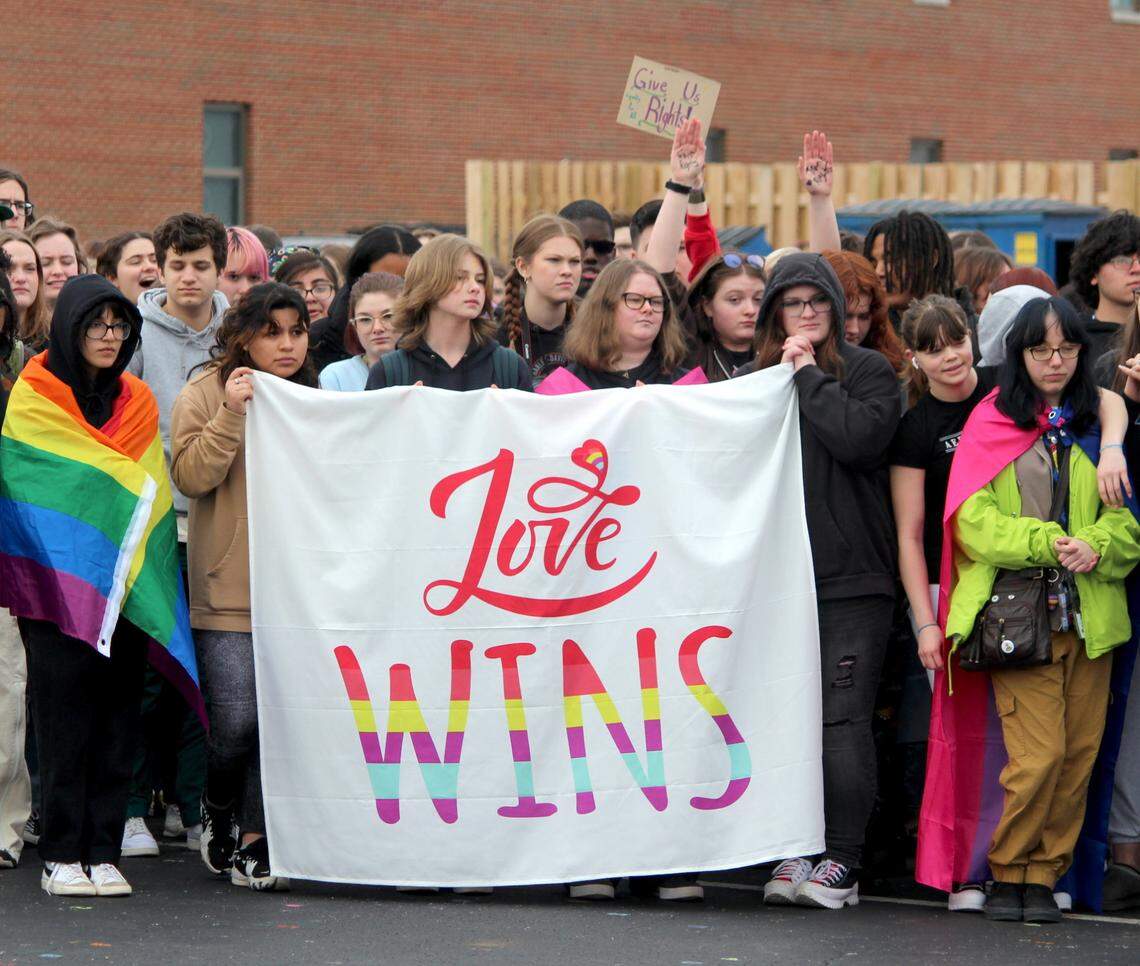 Students rally outside Lafayette High School in Lexington, Ky., to protest proposed legislation that has been criticized as discriminatory toward LGBTQ students.