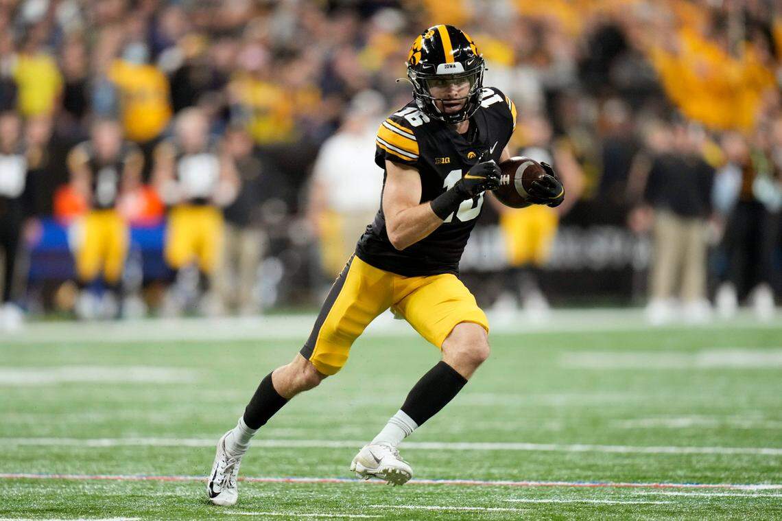 Iowa wide receiver Charlie Jones (16) was named the 2021 Big Ten Return Specialist of the Year for his work on special teams.