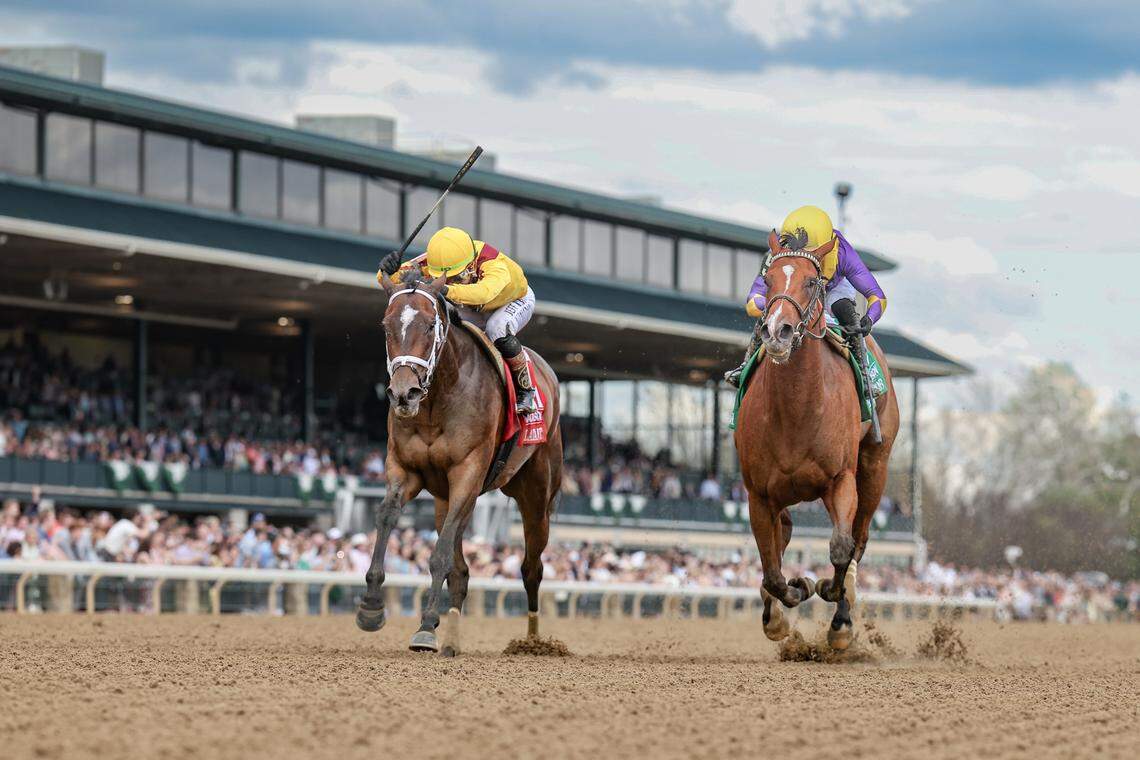 One of Irad Ortiz, Jr.’s 22 wins during the Spring Meet came aboard Eclatant, left, in the Grade 1 Resolute Racing Madison Stakes on April 4 at Keeneland.