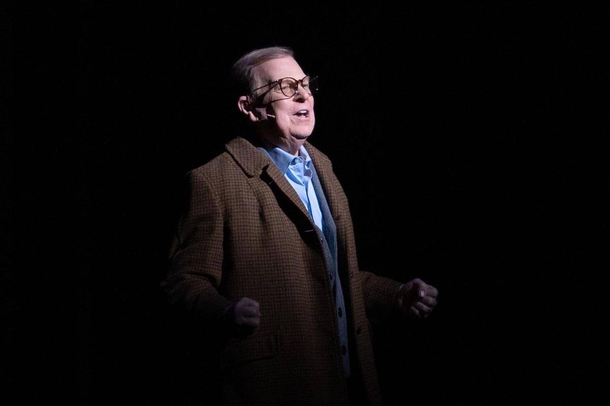 Wayne Bryan performs as the older version of the character Ralphie during the The Lexington Theatre Company’s rehearsal of “A Christmas Story” at Lexington Opera House, November 18, 2024.