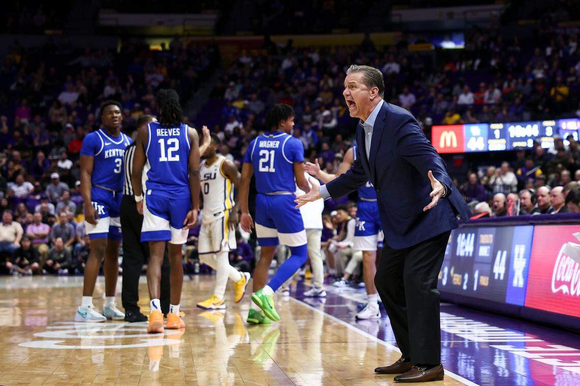 Kentucky head coach John Calipari calls to a referee after a foul was called on his team during Wednesday’s loss at LSU. UK dropped to 8-5 in SEC play during the 2023-24 season with the defeat.