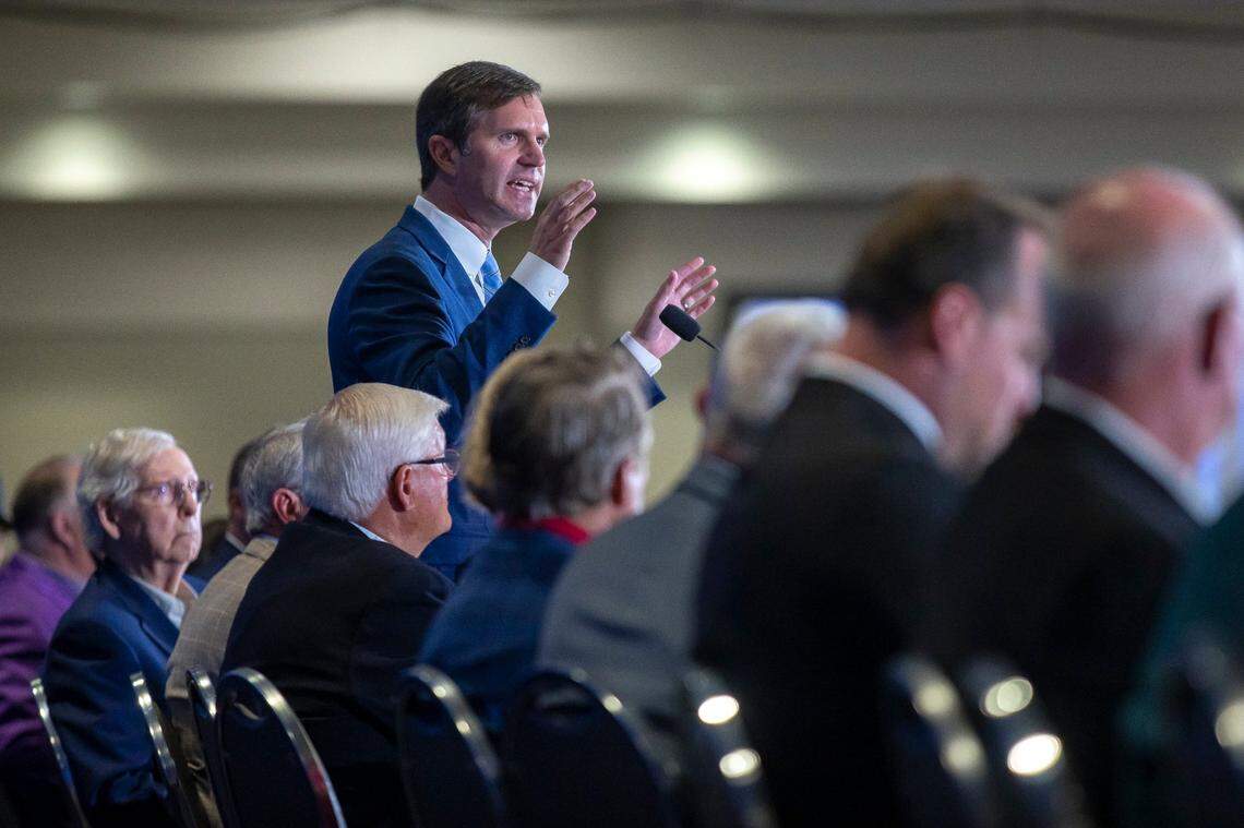 Kentucky Gov. Andy Beshear speaks at the 59th Annual Country Ham Breakfast at the Kentucky Exposition Center in Louisville, Ky., on Thursday, Aug. 24, 2023.