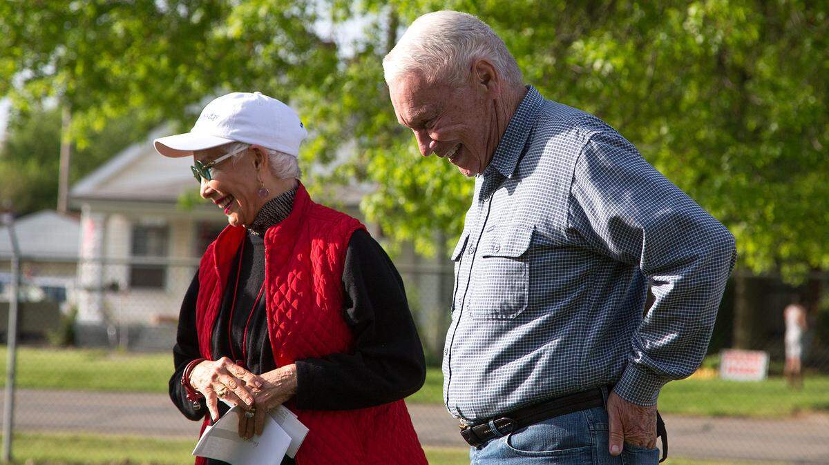 Kentucky Derby contender Itsmyluckyday owner Olga Melin, left talked with Kentucky Oaks contender Beholder owner B. Wayne Hughes before workouts May 02, 2013 at Churchill Downs in Louisville.