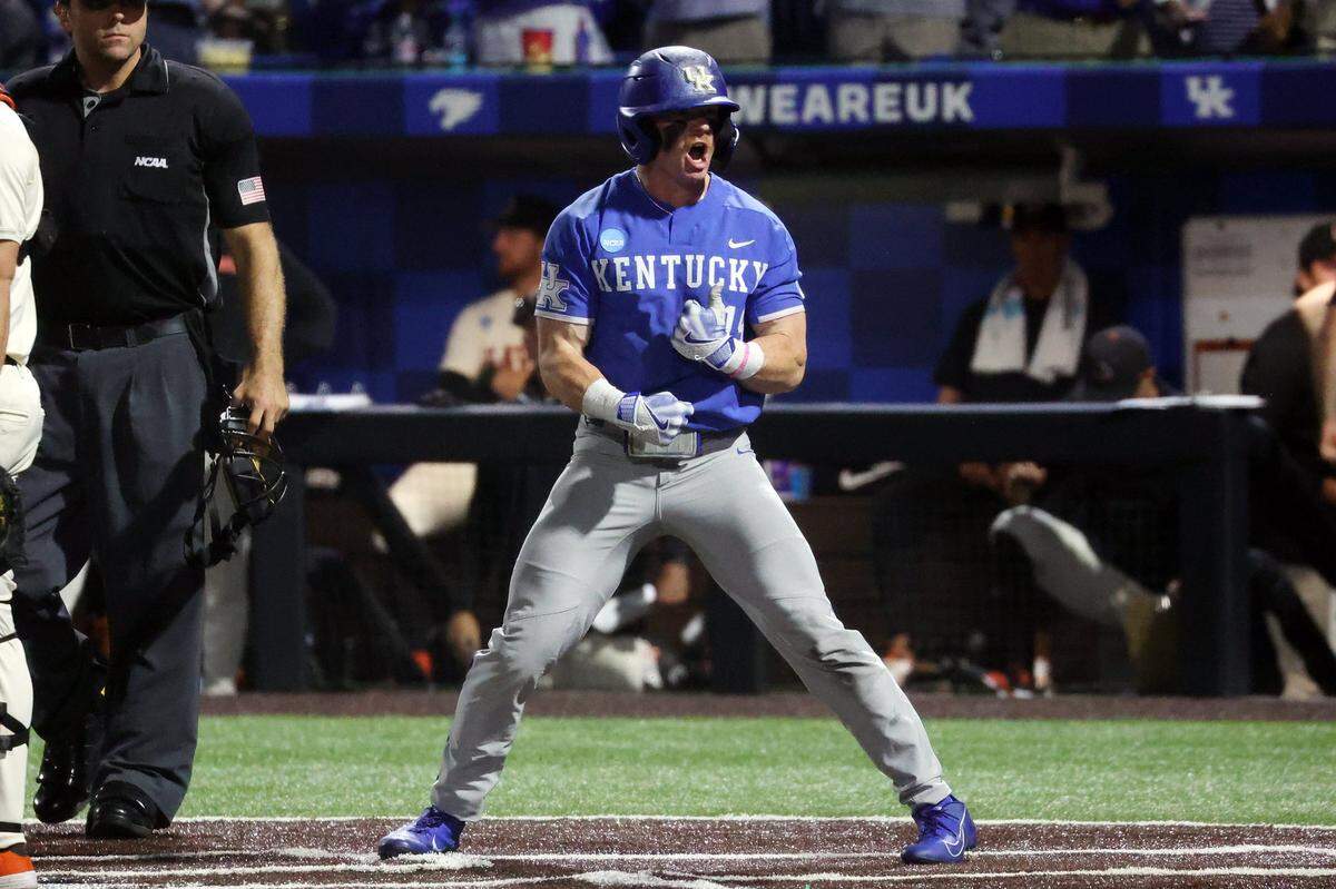 Kentucky’s Nolan McCarthy celebrates after scoring what proved to be the winning run against Oregon State on Sunday night at Kentucky Proud Park.
