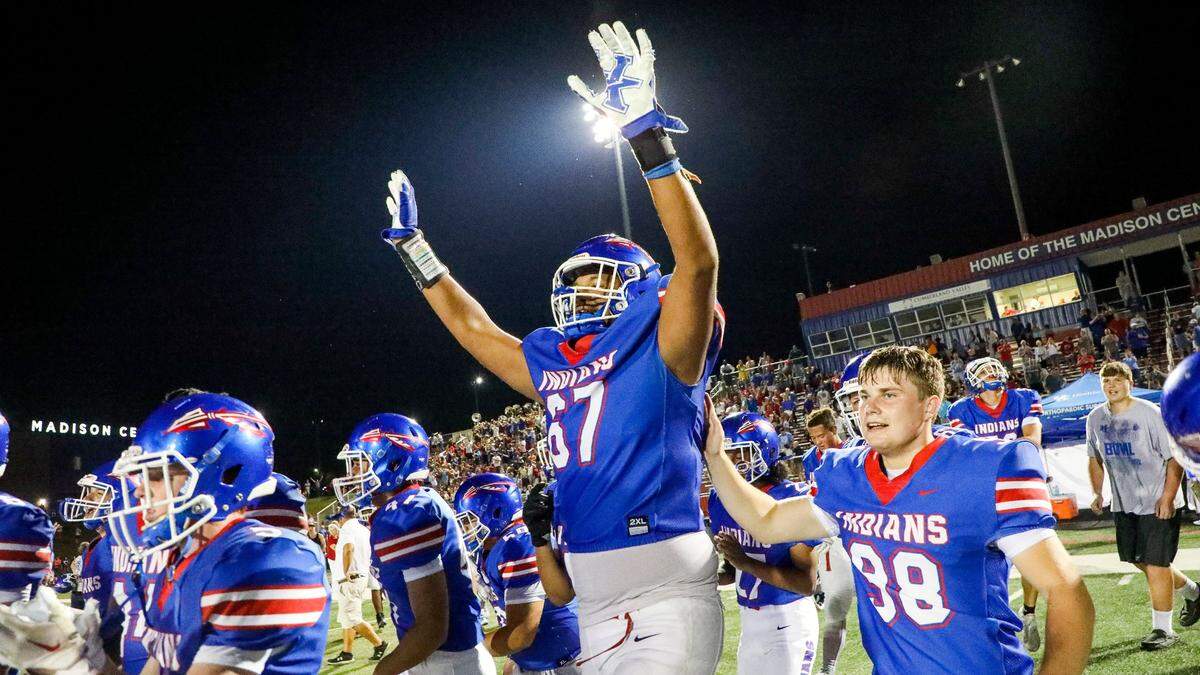 Madison Central’s Malachi Wood (67) celebrates after his team defeated Lexington Christian 38-34 in its season opener on Aug. 19.