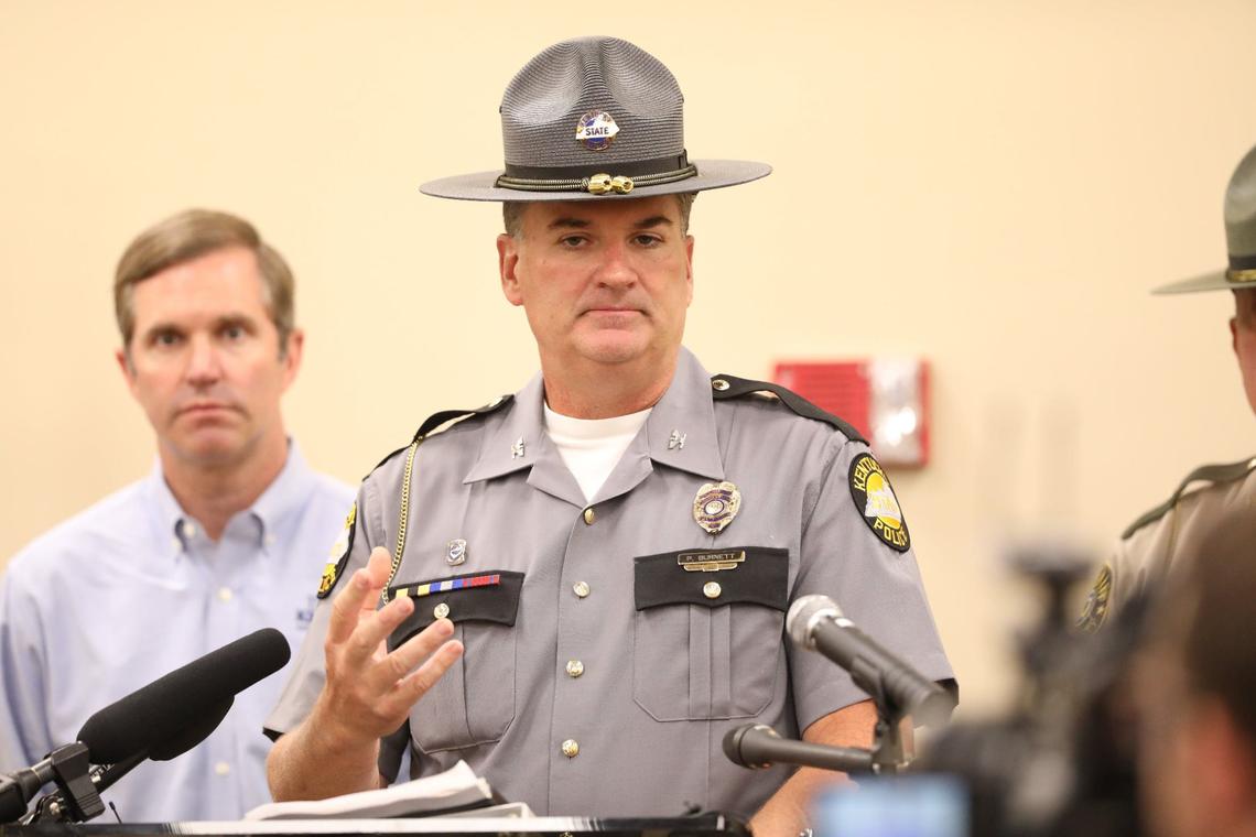 Col. Phillip Burnett Jr., commissioner, Kentucky State Police provides updates during a press conference held at the London Community Center, on day 11 of the search for mass shooter, 32-year-old Joseph Couch on September 17, 2024, in London, Ky.