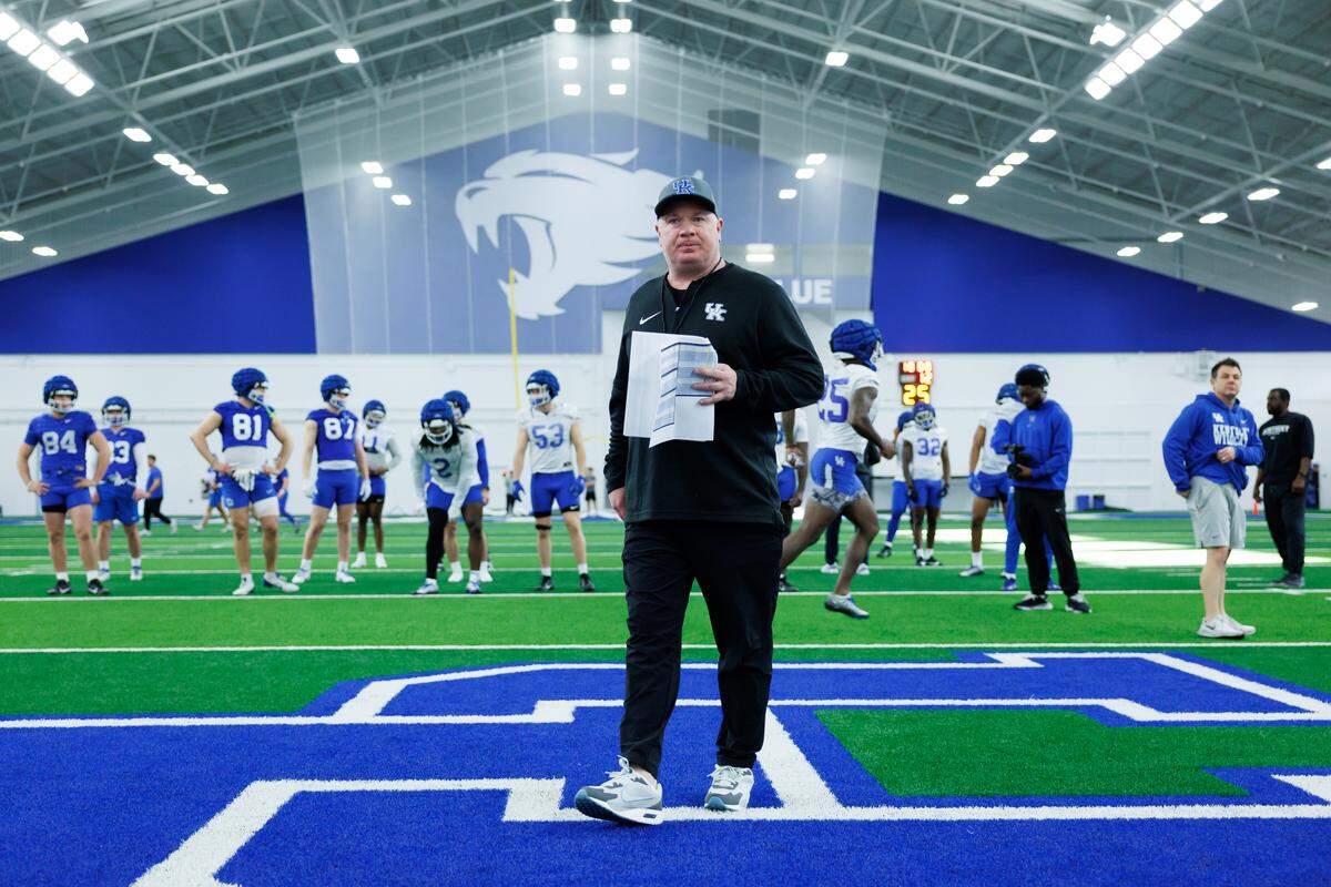 Mark Stoops, shown on the first day of Kentucky’s spring practices in March, and the Wildcats are trying to rebound from a 4-8 2024 season.