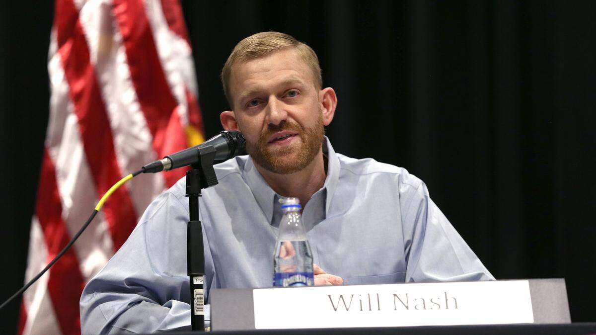Will Nash, candidate for school board, spoke Sunday during a League of Women Voters candidate forum at Lexington Public Library.