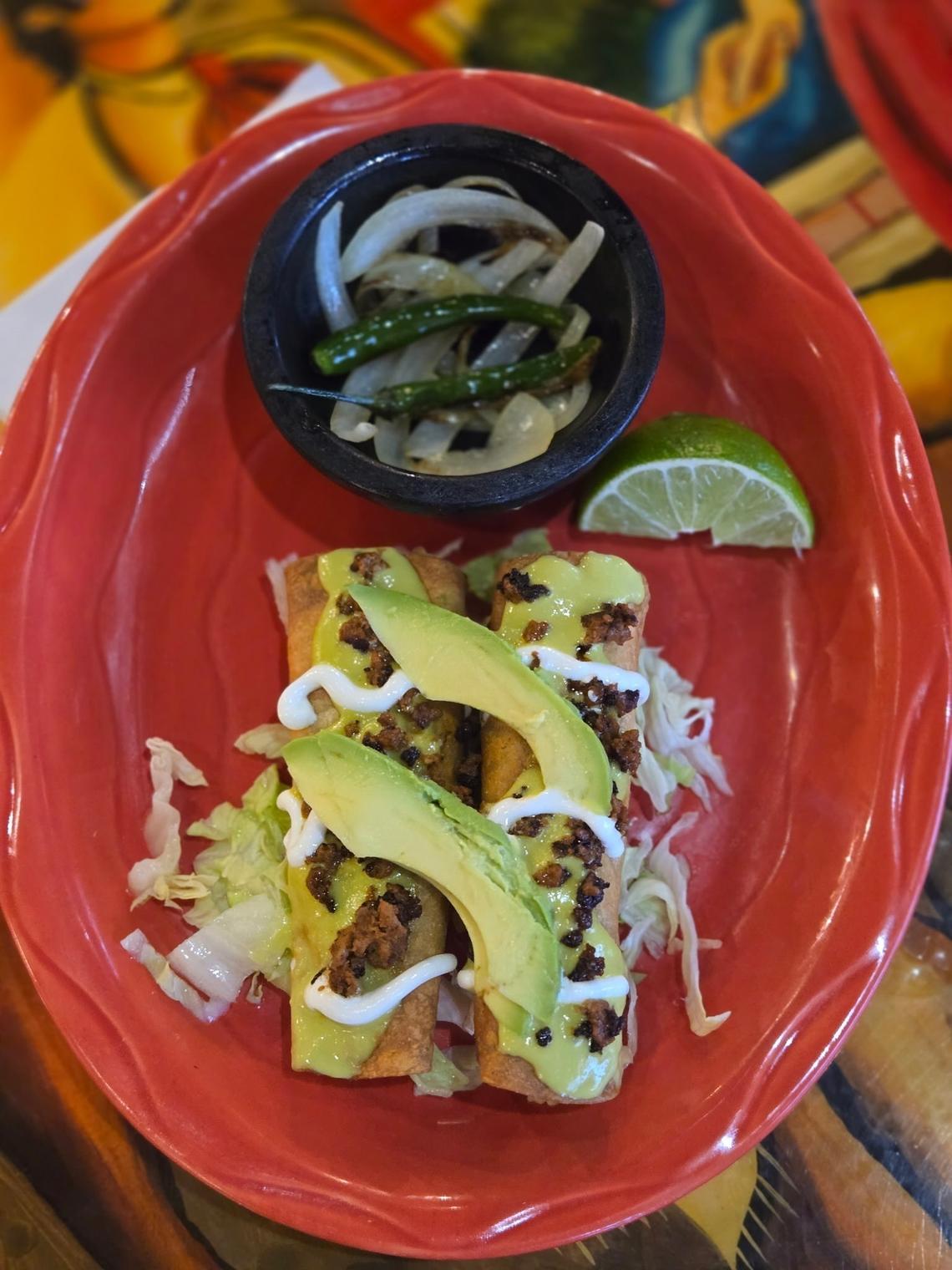 Papi’s at Palomar is offering Senor Potato tacos, fried corn taquito stuffed with potatoes, savory veggie chorizo and cheese, topped with green sauce, sour cream and avocado.