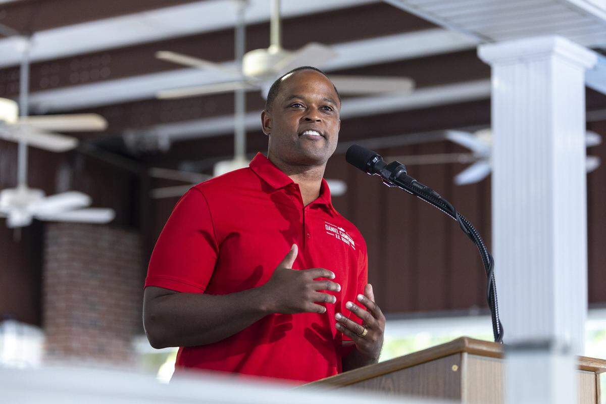Daniel Cameron, former Kentucky Attorney General and U.S. Senate candidate, delivers a speech at the 145th annual St. Jerome Fancy Farm Picnic in Fancy Farm, Ky., on Saturday, Aug. 2, 2025.