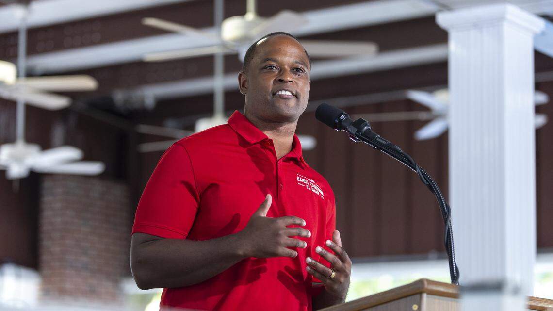 Daniel Cameron, former Kentucky Attorney General and U.S. Senate candidate, delivers a speech at the 145th annual St. Jerome Fancy Farm Picnic in Fancy Farm, Ky., on Saturday, Aug. 2, 2025.