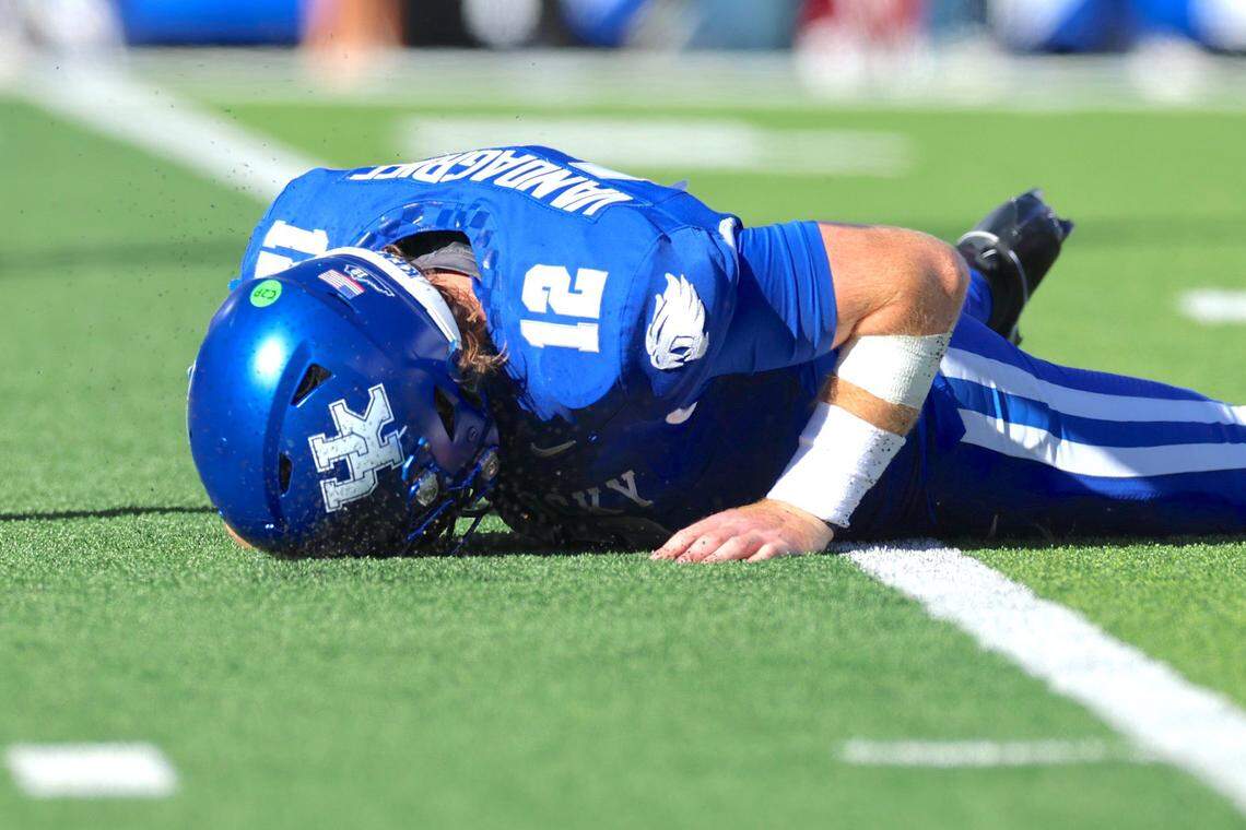 Kentucky quarterback Brock Vandagriff was knocked to the turf during the Wildcats’ game against South Carolina on Saturday, Sept. 7, 2024, at Kroger Field in Lexington, Ky.