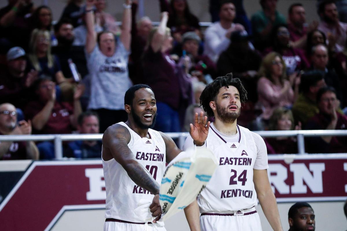 EKU starters Devontae Blanton (10) and Michael Moreno (24) were able to enjoy large portions of Tuesday night’s blowout win from the bench. Blanton led the Colonels with 15 points in 21 minutes. Moreno produced six points and five rebounds in 20 minutes.