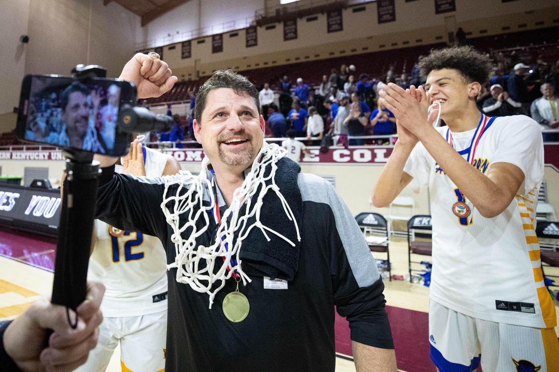 Henry Clay head coach Daniel Brown celebrates after leading the Blue Devils to their first Sweet 16 appearance since 2005.