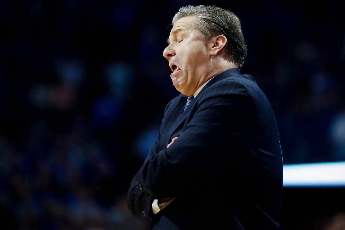 Kentucky Wildcats head coach John Calipari reacts to a call during a game against the Florida Gators at Rupp Arena in Lexington, Ky., Saturday, Feb. 22, 2020.