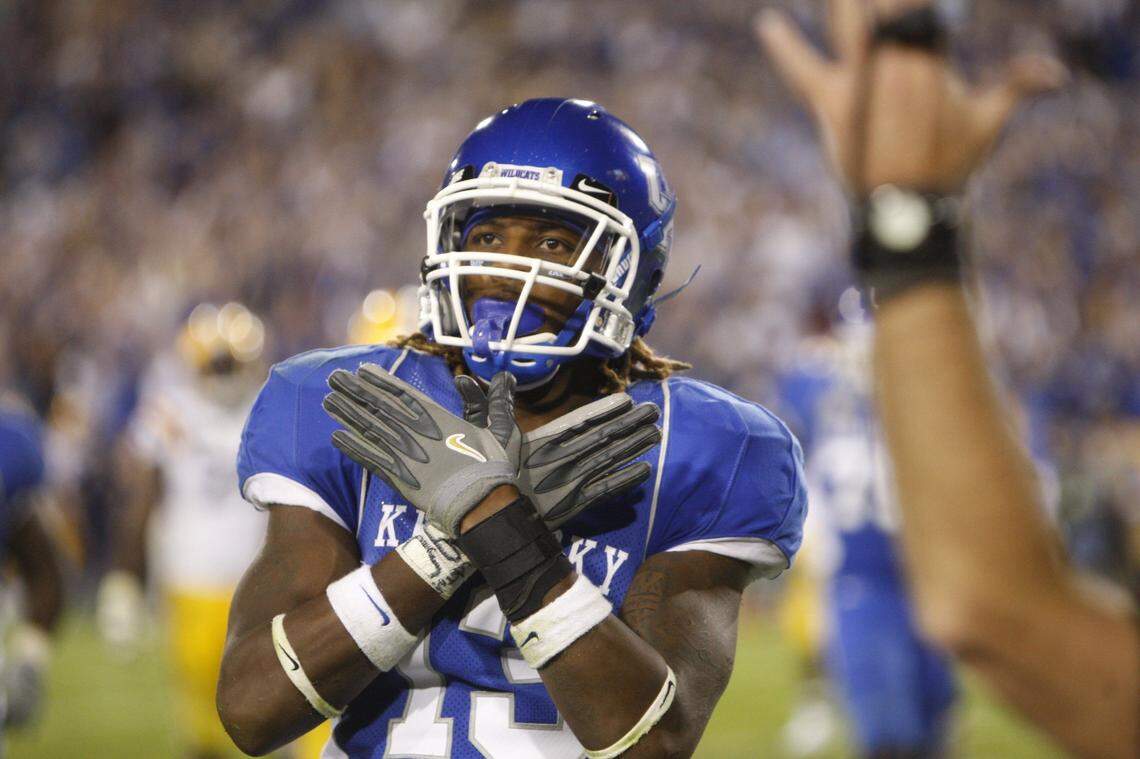 Stevie Johnson celebrated after catching the go-ahead touchdown in UK’s 43-37 three-overtime win over No. 1 LSU, which went on to win the national title in 2007. He also caught the deciding TD in UK’s victory over Florida State in the Music City Bowl later that year.