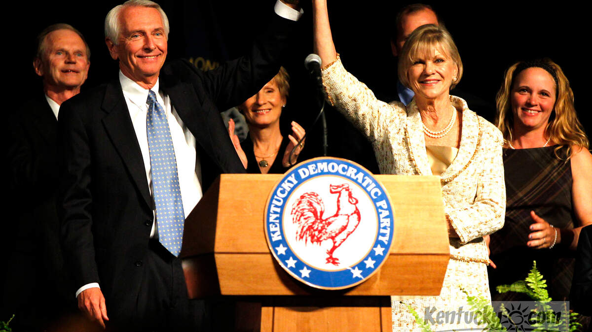 Governor Steve Beshear and First Lady Jane  after winning the election  at the Frankfort Convention Center for the Democratic election party  on Tuesday November 8, 2011 in Frankfort, Ky. Photo by Mark Cornelison | Staff