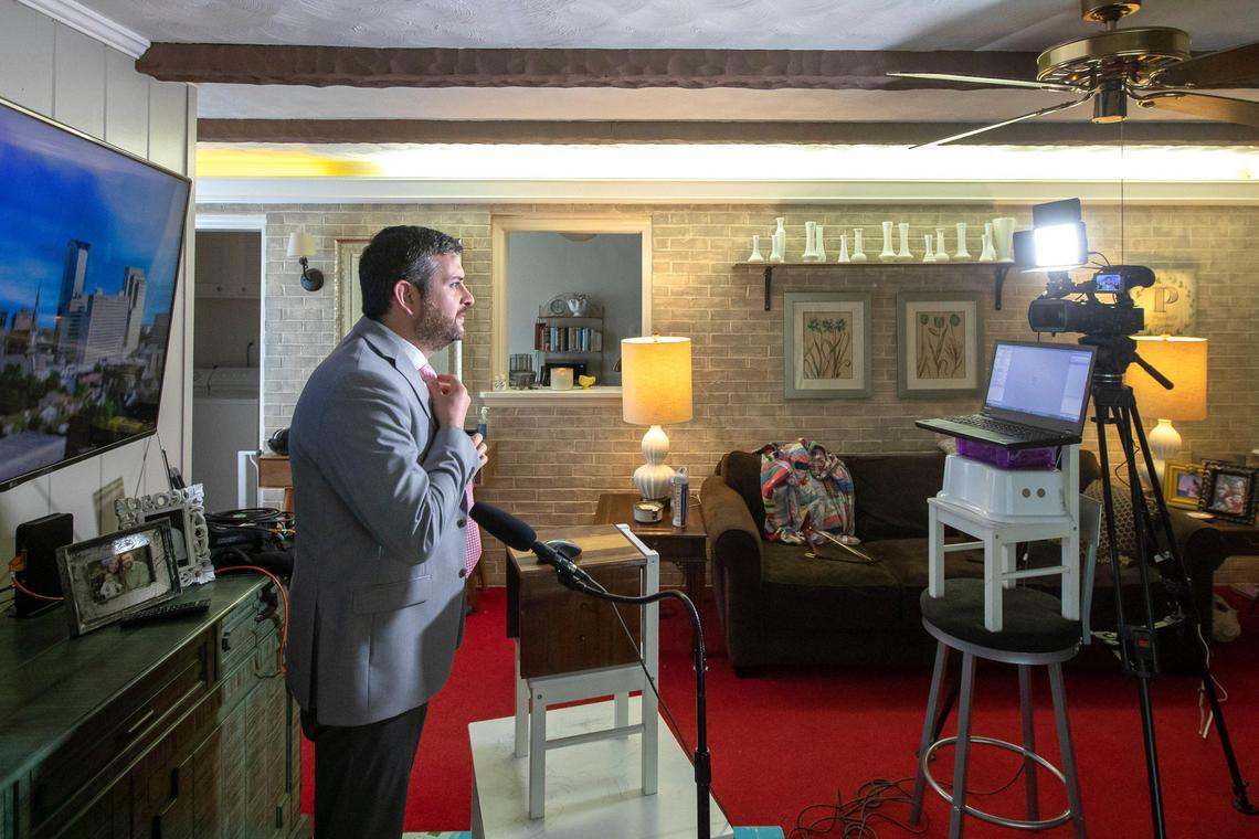 Victor Puente’s set up for anchoring the WKYT 4 p.m. newscast is in the middle of his daughter’s play area, so he has to set it up and break it down every day.