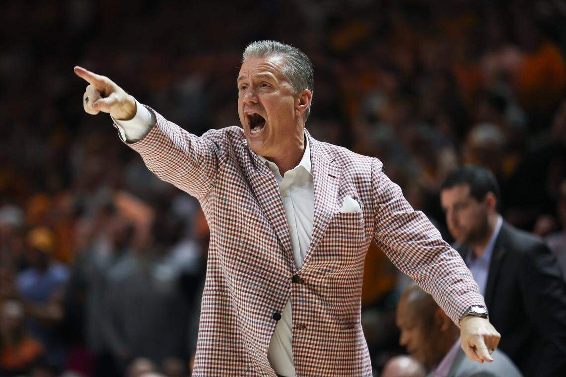 Jan 4, 2025; Knoxville, Tennessee, USA; Arkansas Razorbacks head coach John Calipari during the first half against the Tennessee Volunteers at Thompson-Boling Arena at Food City Center. Mandatory Credit: Randy Sartin-Imagn Images