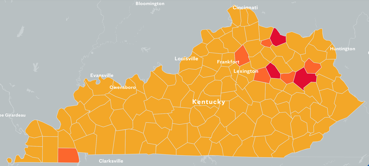 This map of Kentucky from the Mayo Clinic shows that organization’s identified “hot spots” for COVID-19 in the state as of May 9. The hot spots are identified by daily cases over a seven-day average.