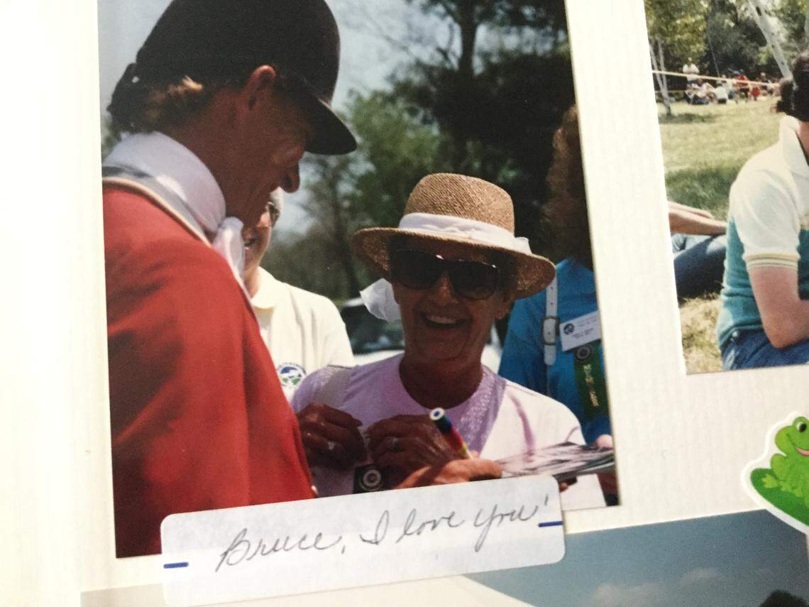 When she retired in 1989, Pat Hume's co-workers gave her an album of photos from over the years. And on the back page was this photo of her getting the autograph of her favorite rider, Bruce Davidson, in the 1980s, captioned "Bruce, I love you."