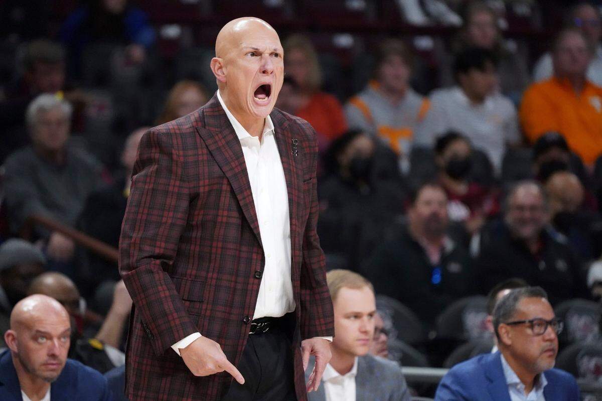 South Carolina head coach Frank Martin shouts at players during the first half of an NCAA college basketball game against Tennessee Saturday, Feb. 5, 2022, in Columbia, S.C. Tennessee won 81-57. (AP Photo/Sean Rayford)