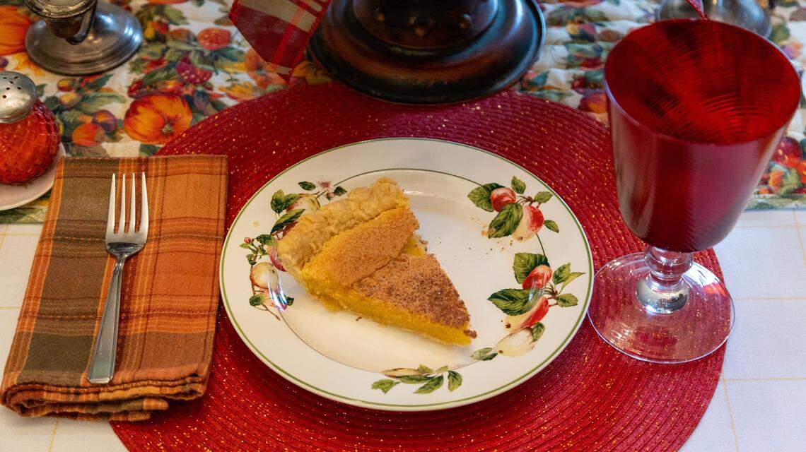 A slice of chess pie baked by Barbara Harper Bach, 87, made from a family recipe passed down to her.