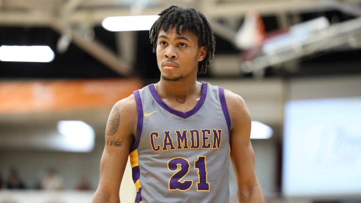 Camden’s D.J. Wagner #21 is seen against Bishop Gorman during a high school basketball game at the Hoophall Classic, Monday, January 16, 2023, in Springfield, MA. Wagner is one of five members of Kentucky’s top-ranked 2023 recruiting class. (AP Photo/Gregory Payan)