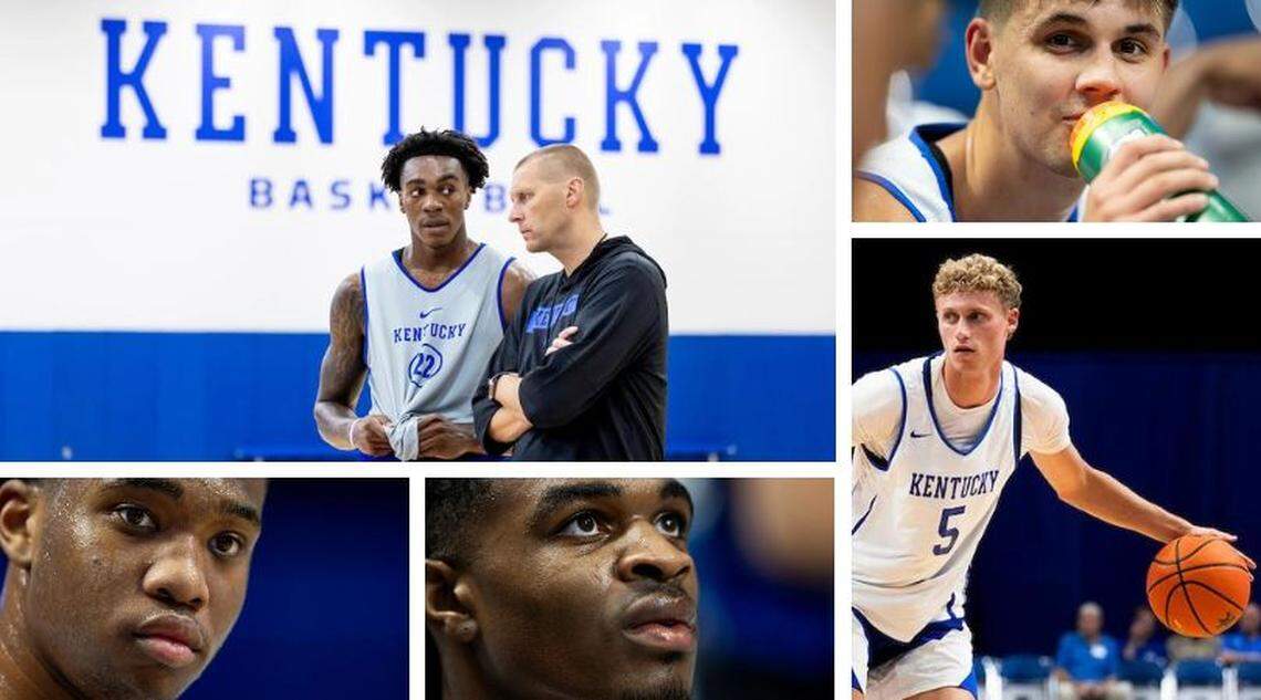 Clockwise from top left: UK center Amari Williams with head coach Mark Pope, senior point guard Kerr Kriisa, freshman guard Collin Chandler, junior guard Otega Oweh and sophomore big man Brandon Garrison.