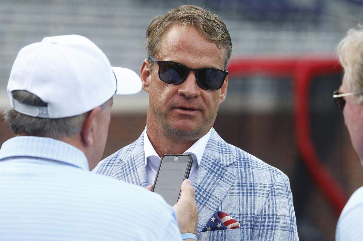 Mississippi Rebels head coach Lane Kiffin being interviewed prior to the game against the Georgia Southern Eagles at Vaught-Hemingway Stadium on Saturday, Sept. 21, 2024.