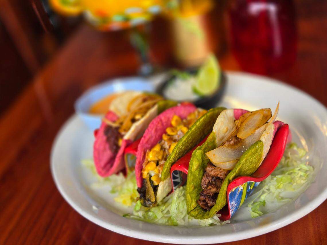 From right, Mexico mi Amor’s Al Pastor, Chile Relleno Taco and Campechano Taco