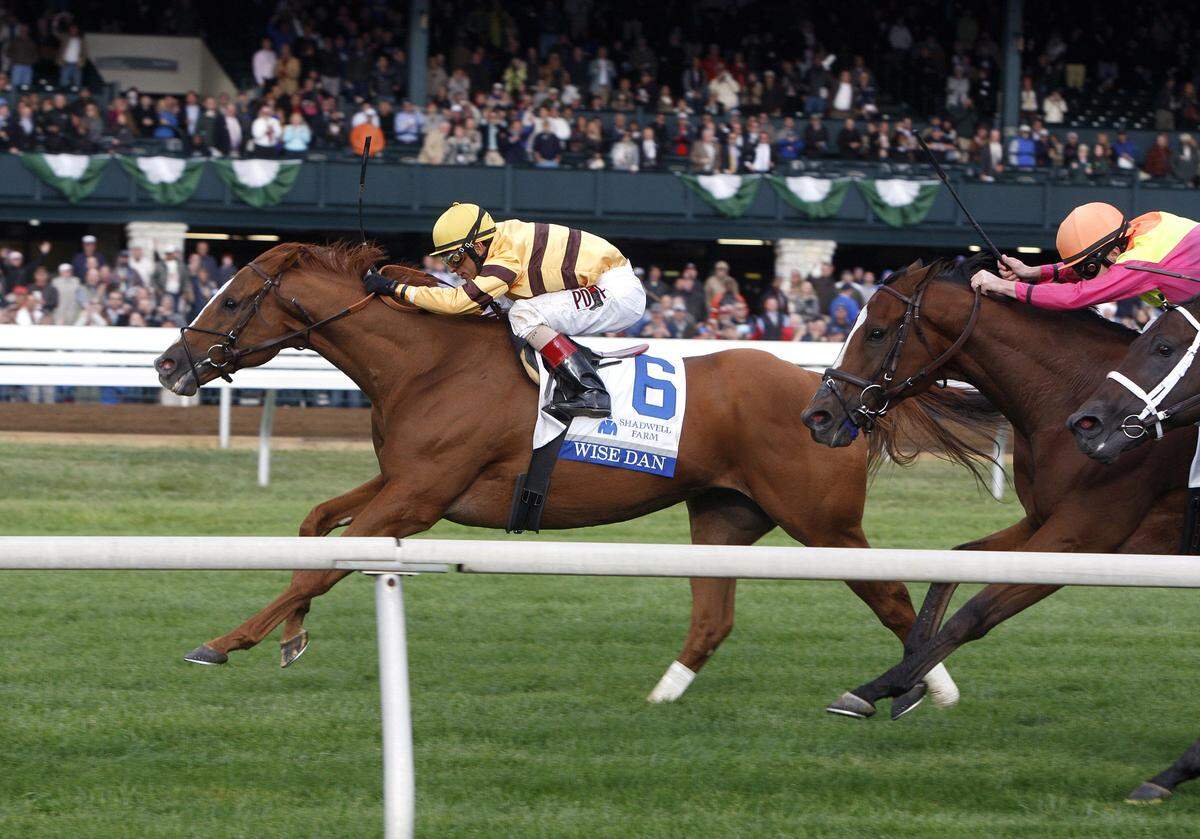 Wise Dan, shown here winning the Shadwell Turf Mile at Keeneland in 2014, was twice named Horse of the Year.