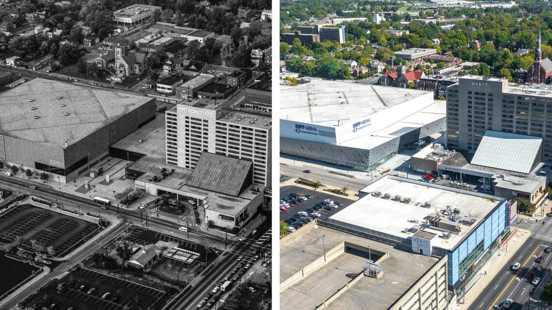 Lexington’s Rupp Arena and the Hyatt Regency Hotel in October 1982 at left, and in October 2022 at right.