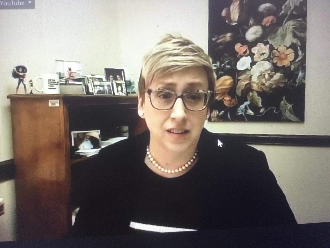 Amy Cubbage, general counsel for Kentucky Gov. Andy Beshear, asks Franklin Circuit Court Thursday, Feb. 18, 2021, in a virtual hearing to issue a temporary injunction against three new laws that limit the governor’s emergency powers