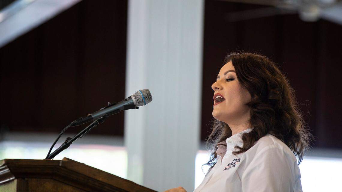 Former candidate for Governor Savannah Maddox speaks the crowd gathered for the 142nd annual St. Jerome’s Fancy Farm Picnic before politicians deliver speeches in Fancy Farm, Ky., Saturday, August 6, 2022.
