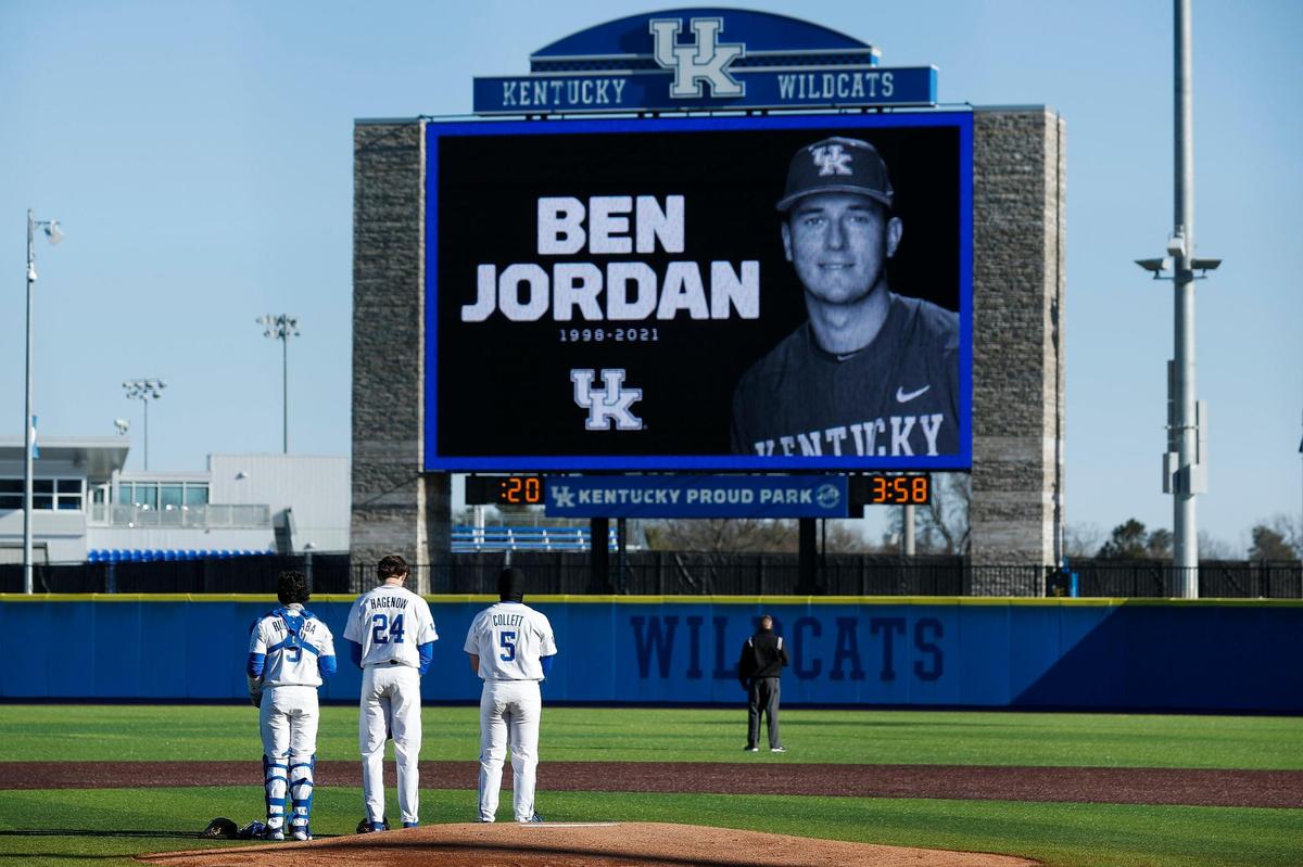 Kentucky’s Alonzo Rubalcaba (9), Ryan Hagenow (24) and TJ Collett (5) participated in a moment of silence in honor of former player Ben Jordan before their game against Miami (Ohio) at Kentucky Proud Park on Tuesday.
