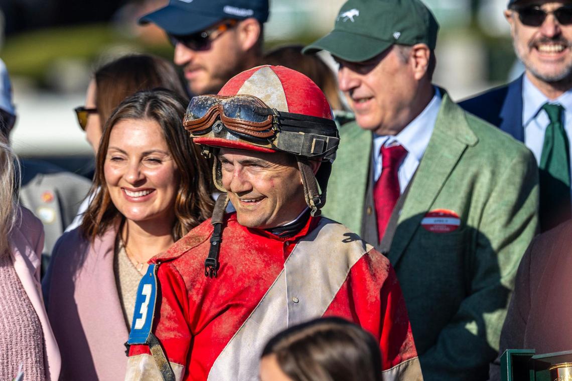 Jockey Brian Hernandez Jr. celebrates after winning the 2025 Blue Grass Stakes at Keeneland last month atop Burnham Square, the same horse he’ll ride in Saturday’s Kentucky Derby.