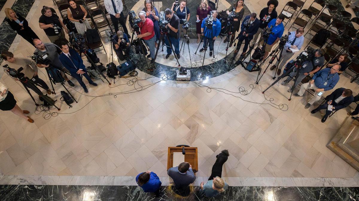 Kentucky Gov. Andy Beshear speaks during a media conference at the Kentucky state Capitol in Frankfort, Ky., on Wednesday, Nov. 8, 2023, a day after he won reelection.