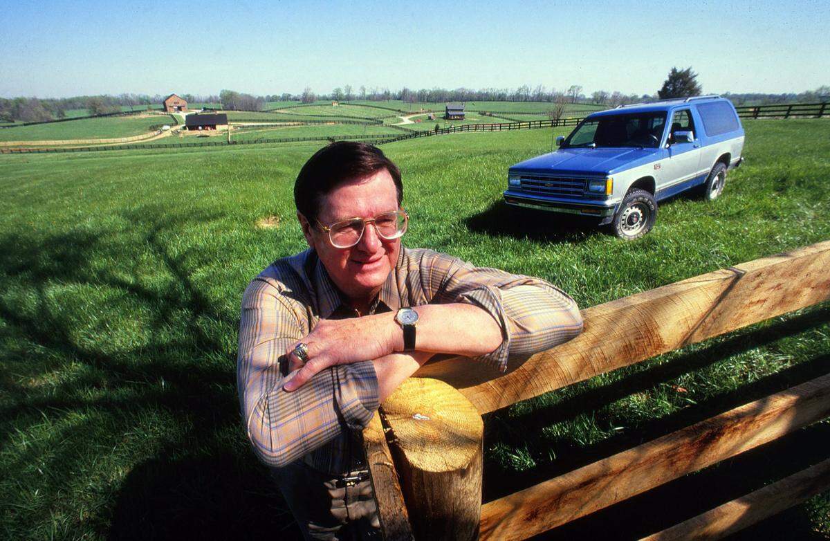Former University of Kentucky basketball coach Joe B. Hall at his 160-acre Thoroughbred horse farm, called Tuck-A-Way, in Harrison County in March 1989. The photo was published with a story about the Cynthiana native being relaxed and having time to pursue things he enjoys during what was usually a hectic time of year for him when he coached.