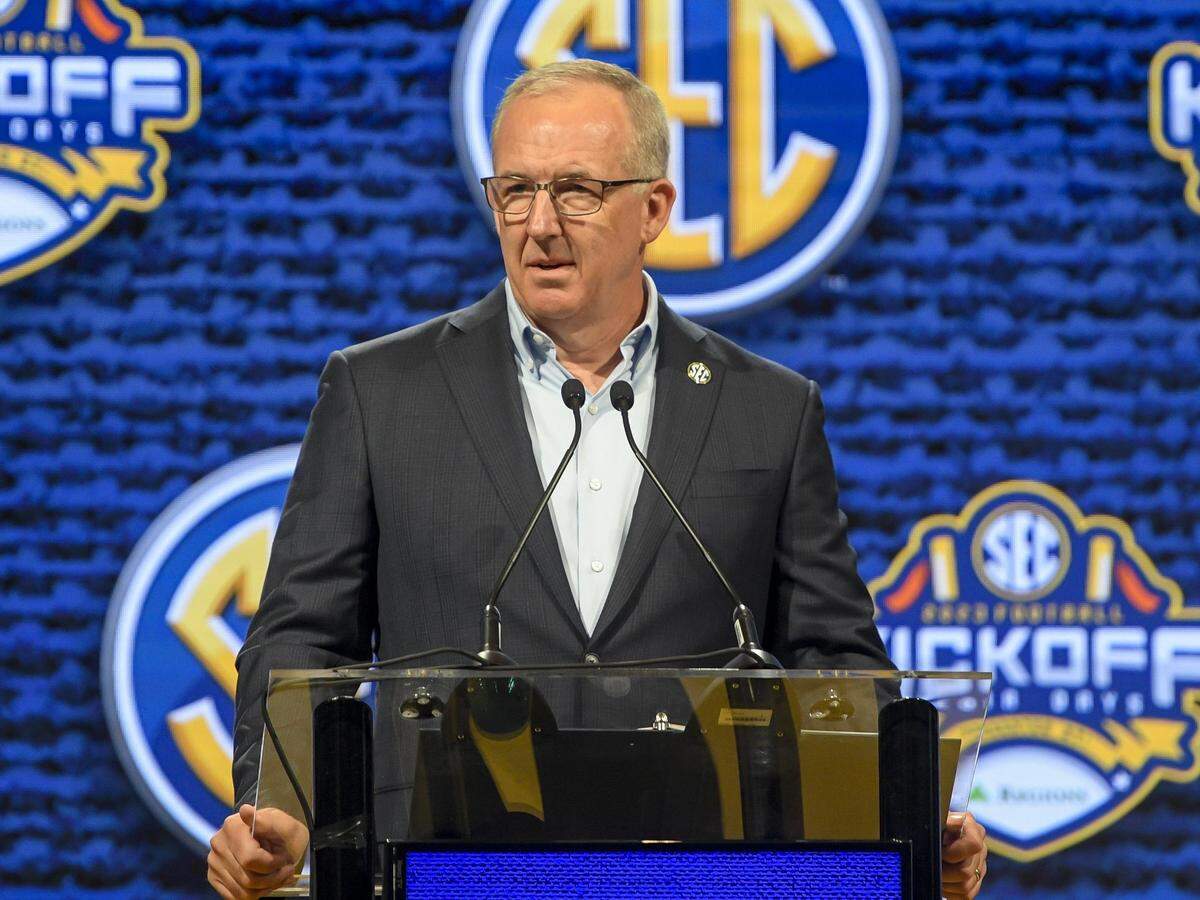 SEC Commissioner Greg Sankey speaks at SEC Football Media Days in Nashville on July 17. The league begins the final year of its television contract with CBS in 2023.