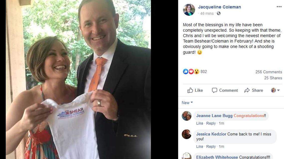 Jacqueline Coleman, who is Andy Beshear’s running mate, announced her pregnancy on Facebook Friday night.