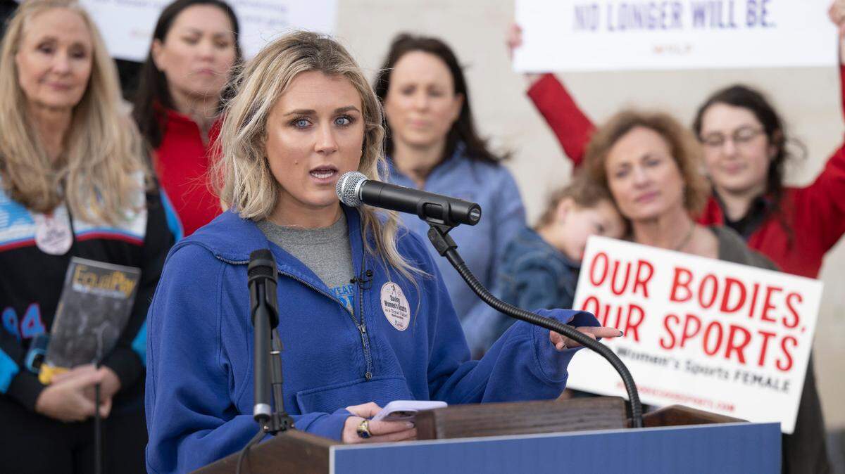 Former University of Kentucky swimmer Riley Gaines speaks during a rally on Thursday outside of the NCAA Convention in San Antonio.