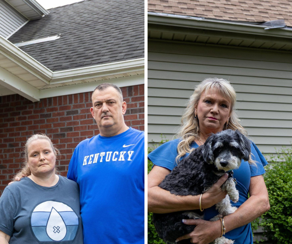 Former customers of Lexington Blue Tammy and Steven Book, left, and Debbie Kirsch Coe in front of their Lexington homes. The Books say that Lexington Blue took their deposits and shingles but never provided the new roof as contracted. Coe said Lexington Blue put on a roof but did it so poorly that it needs to be replaced along with her gutters and more.