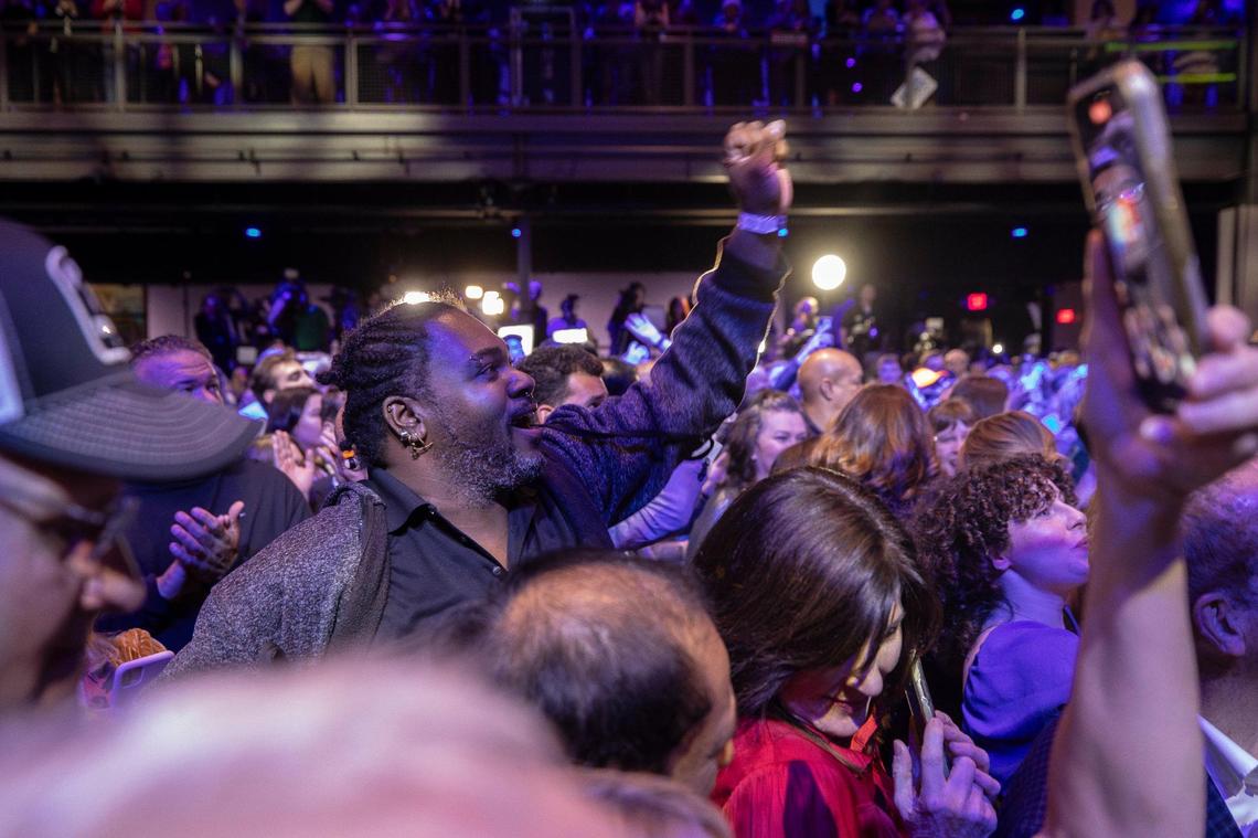 Jerome D. Hickman, of Louisville, cheers during an election night watch party for Kentucky Gov. Andy Beshear at Old Forester’s Paristown Hall in Louisville, Ky., on Tuesday, Nov. 7, 2023.