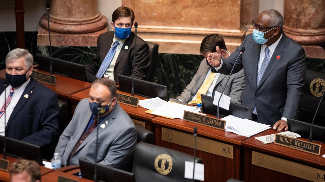 Rep. Derrick Graham speaks in opposition to House Bill 312 during the final two days of legislative calendar at the capitol in Frankfort, Ky., Monday, March 29, 2021.