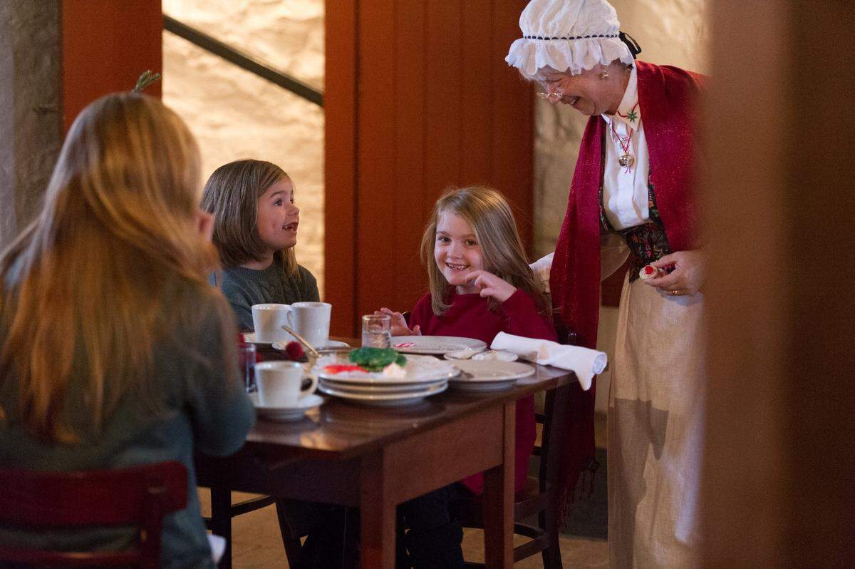 At Shaker Village, you might run into Mrs. Claus. There is no dining in at the moment.