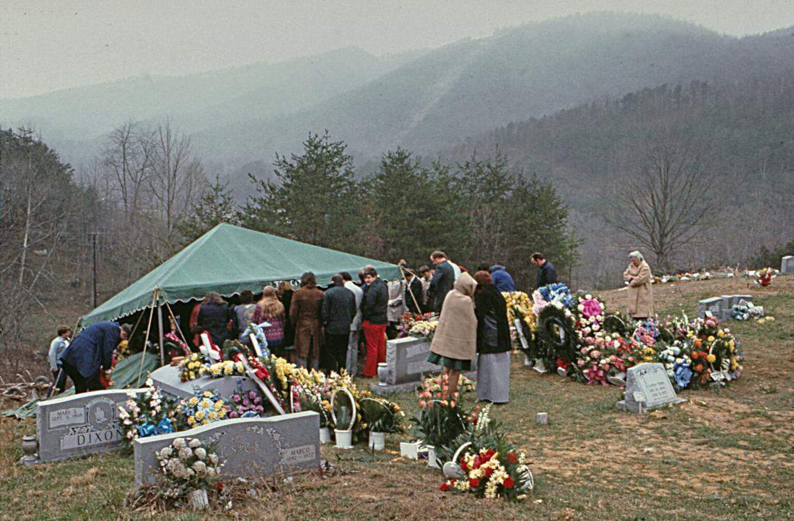 A mountainside funeral for one of the victims of the Scotia mine explosions.
